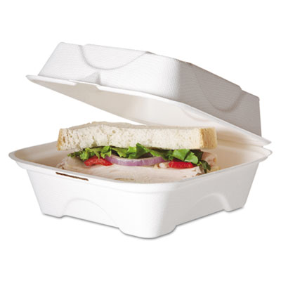 EP-HC6 ECO-Products® Compostable Sugarcane Clamshells, 6` x 6` x 3`, White